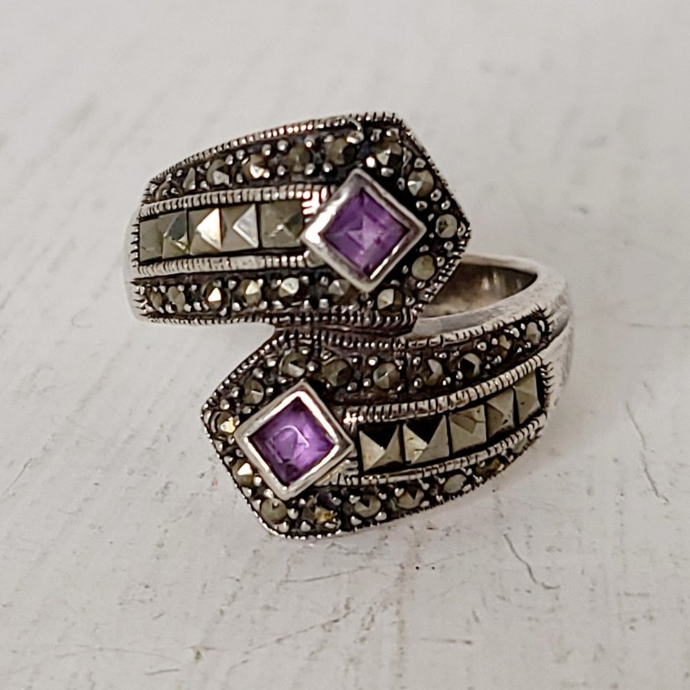 Vintage Sterling Silver Amethyst and Marcasite Ring Size 8.5 Patina EUC